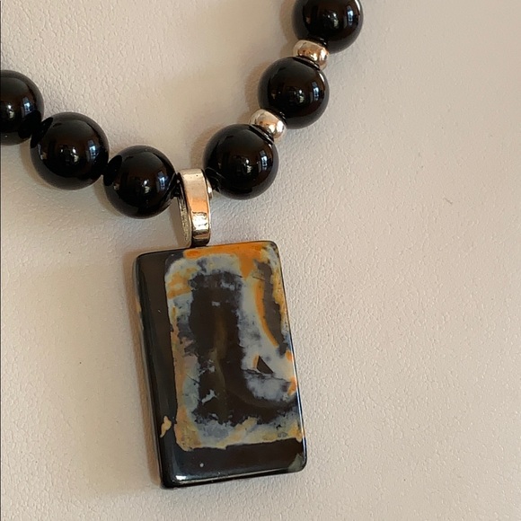 Black Onyx Necklace With Fire Agate Pendant - Picture 3 of 8
